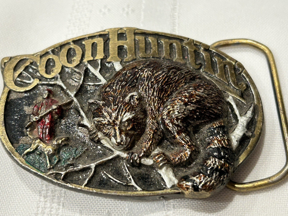 Vintage Coon Hunting Raccoon Belt Buckle Brass The Great American Buckle Co USA